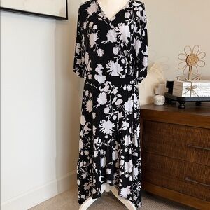 Lane Bryant Black and White Floral Wrap Midi Dress